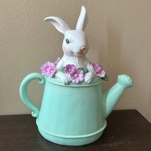 Easter Bunny In Flower Watering Can Figurine New